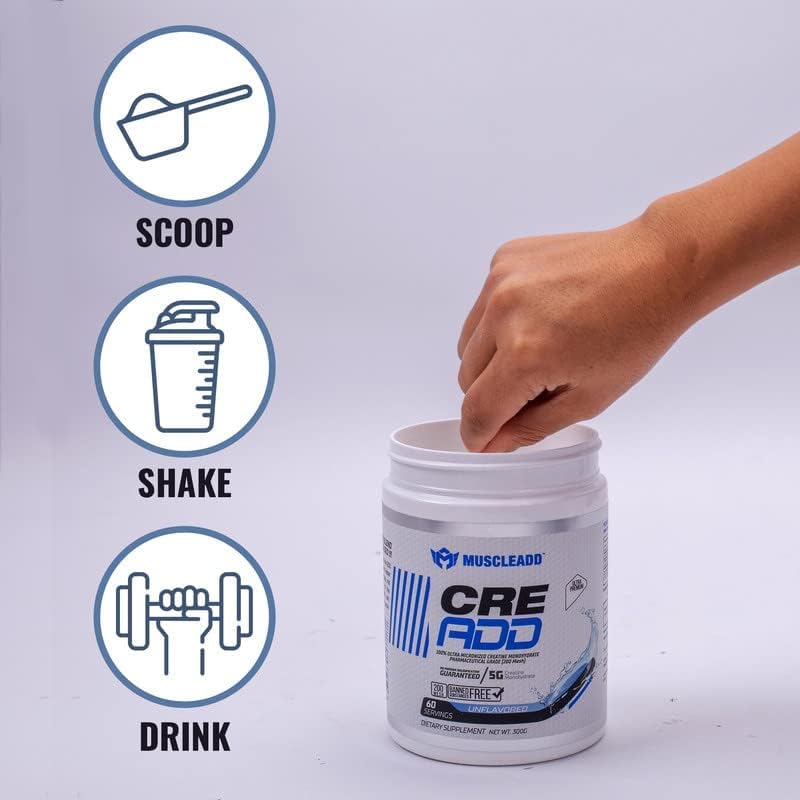 Muscle Add | CRE ADD | 5g Creatine Monohydrate| Dietary Supplement | Increases Muscle Mass | Ultra-Premium | 60 Servings | 300g | Unflavoured