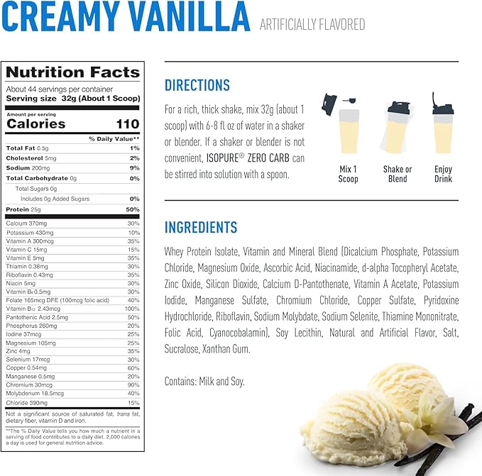 Isopure Zero Carb Protein Powder, 100% Whey Protein Isolate, Flavor: Creamy Vanilla, 3 Pounds