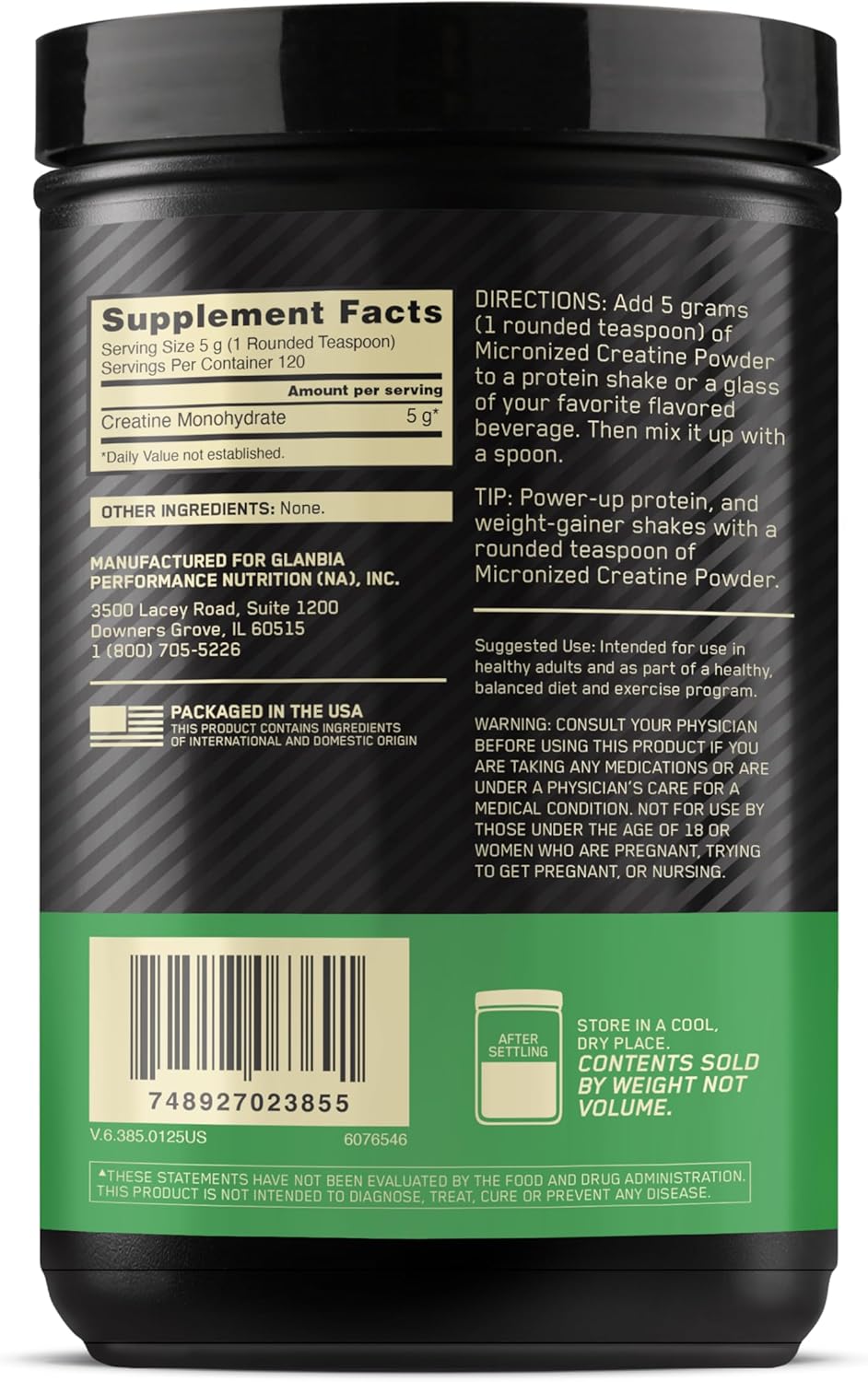 Optimum Nutrition (ON) Micronized Creatine Monohydrate Powder, Unflavored, 120 Servings, 600 Grams