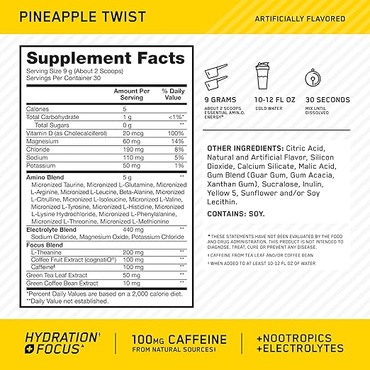 Optimum Nutrition (ON) Amino Energy Powder Plus Hydration, with BCAA, Electrolytes, and Caffeine, Pineapple Twist, 30 Servings