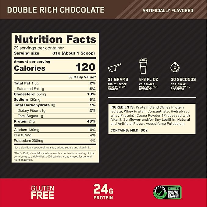 Optimum Nutrition (ON) Gold Standard 100% Whey Protein Powder, Double Rich Chocolate 1.98 Pound