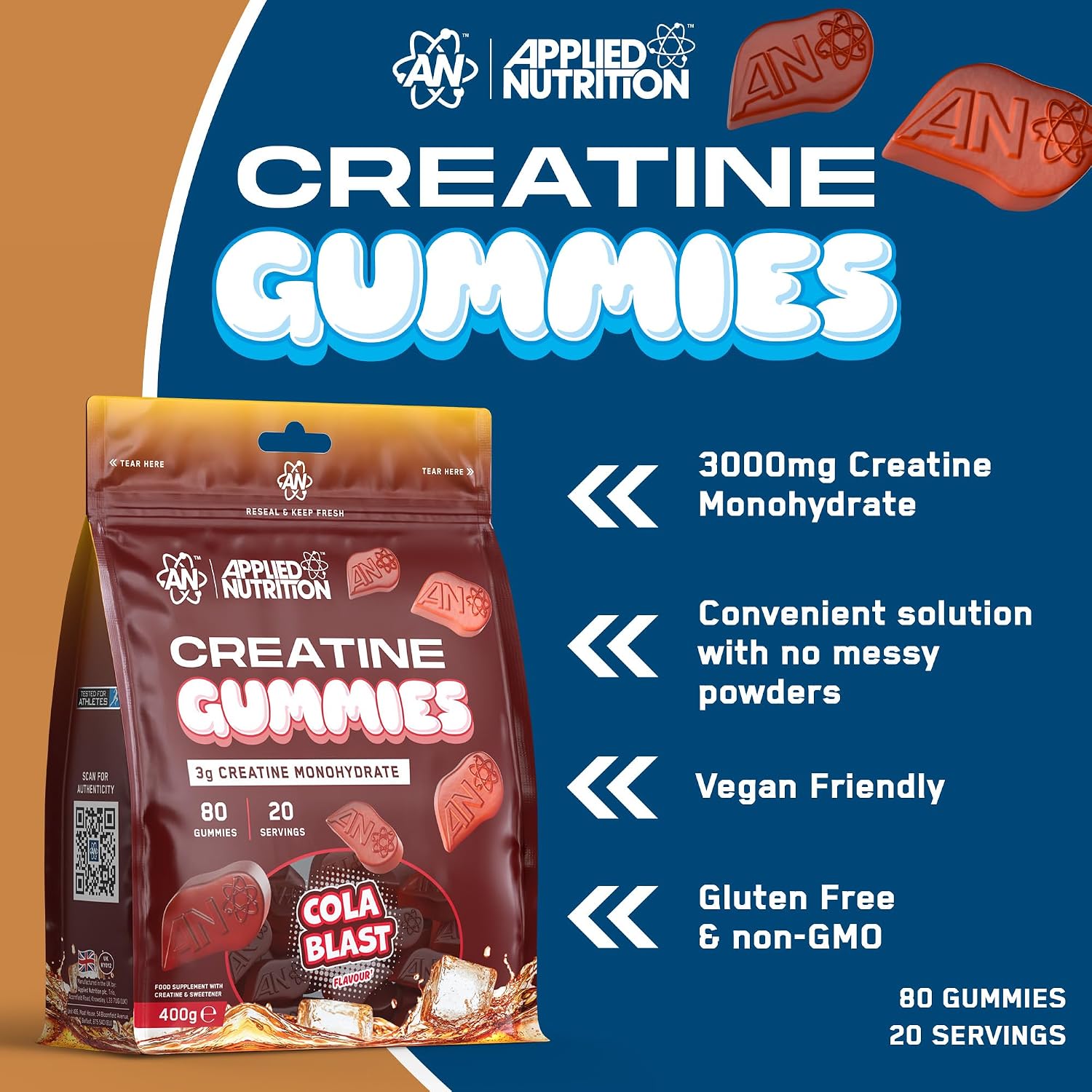 Applied Nutrition Creatine Gummies - 3000mg Creatine Monohydrate per Serving - 80 Chewable Vegan Gummies for Strength, Power & Recovery (20 Servings)
