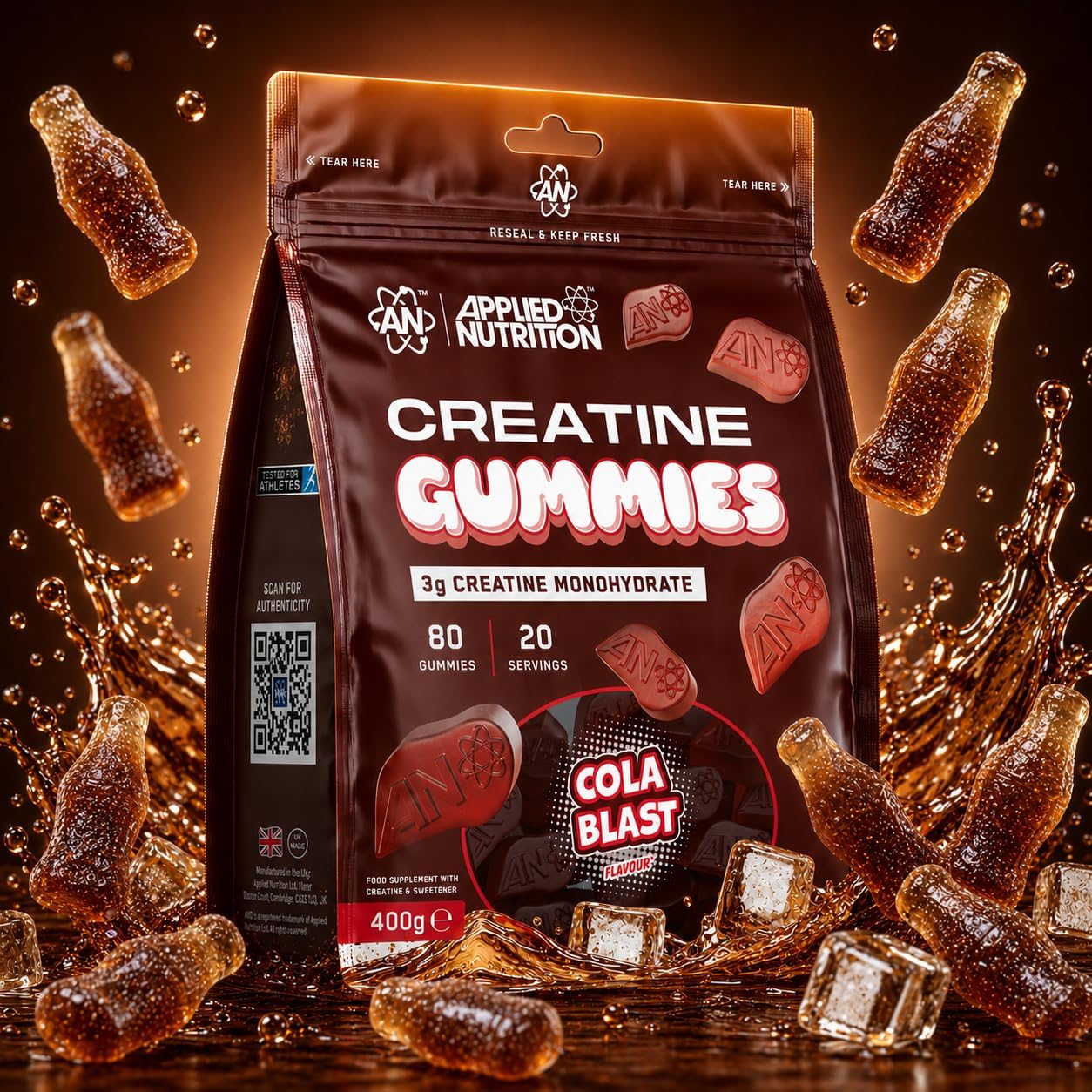 Applied Nutrition Creatine Gummies - 3000mg Creatine Monohydrate per Serving - 80 Chewable Vegan Gummies for Strength, Power & Recovery (20 Servings)
