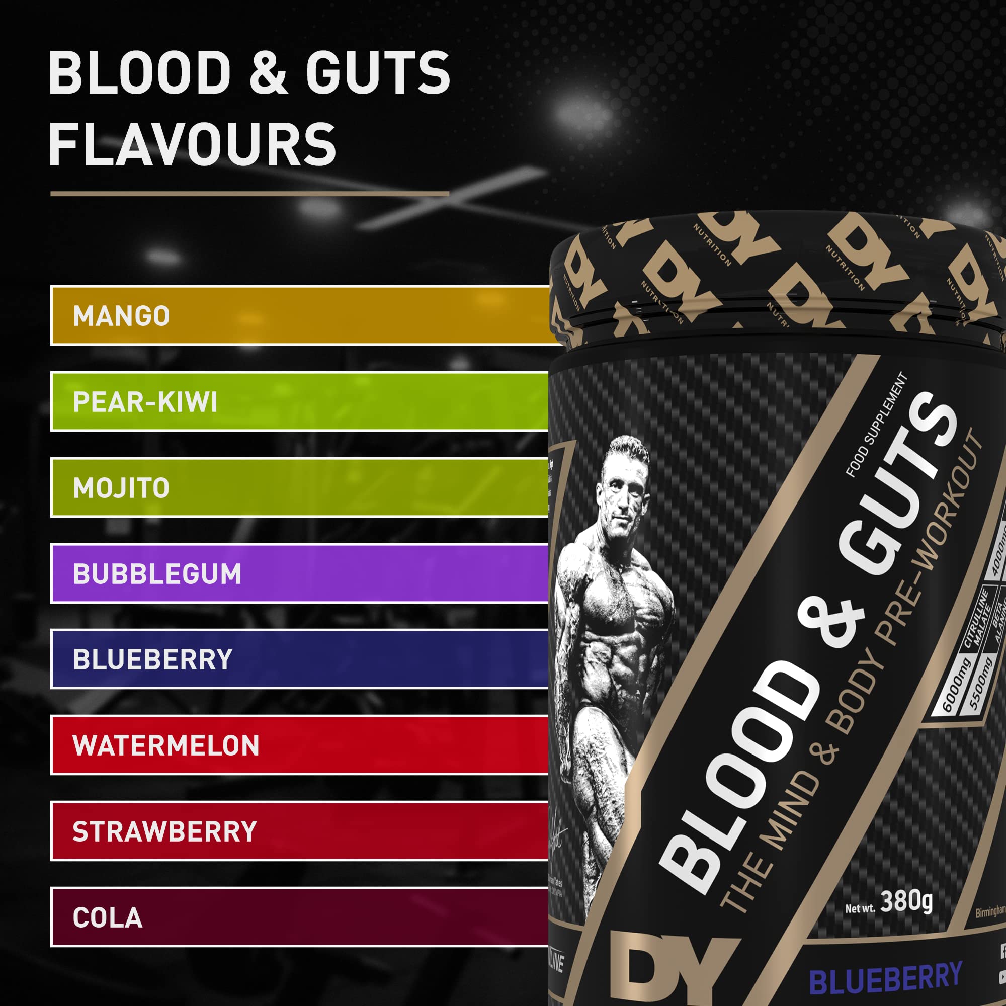 DY Nutrition - Blood and Guts Pre Workout Powder, 380g (Bubblegum) - High Strength Preworkout with 350mg Caffeine, Citrulline Malate, Beta Alanine, Arginine AKG, L-Tyrosine, Vitamin B3 for Men & Women