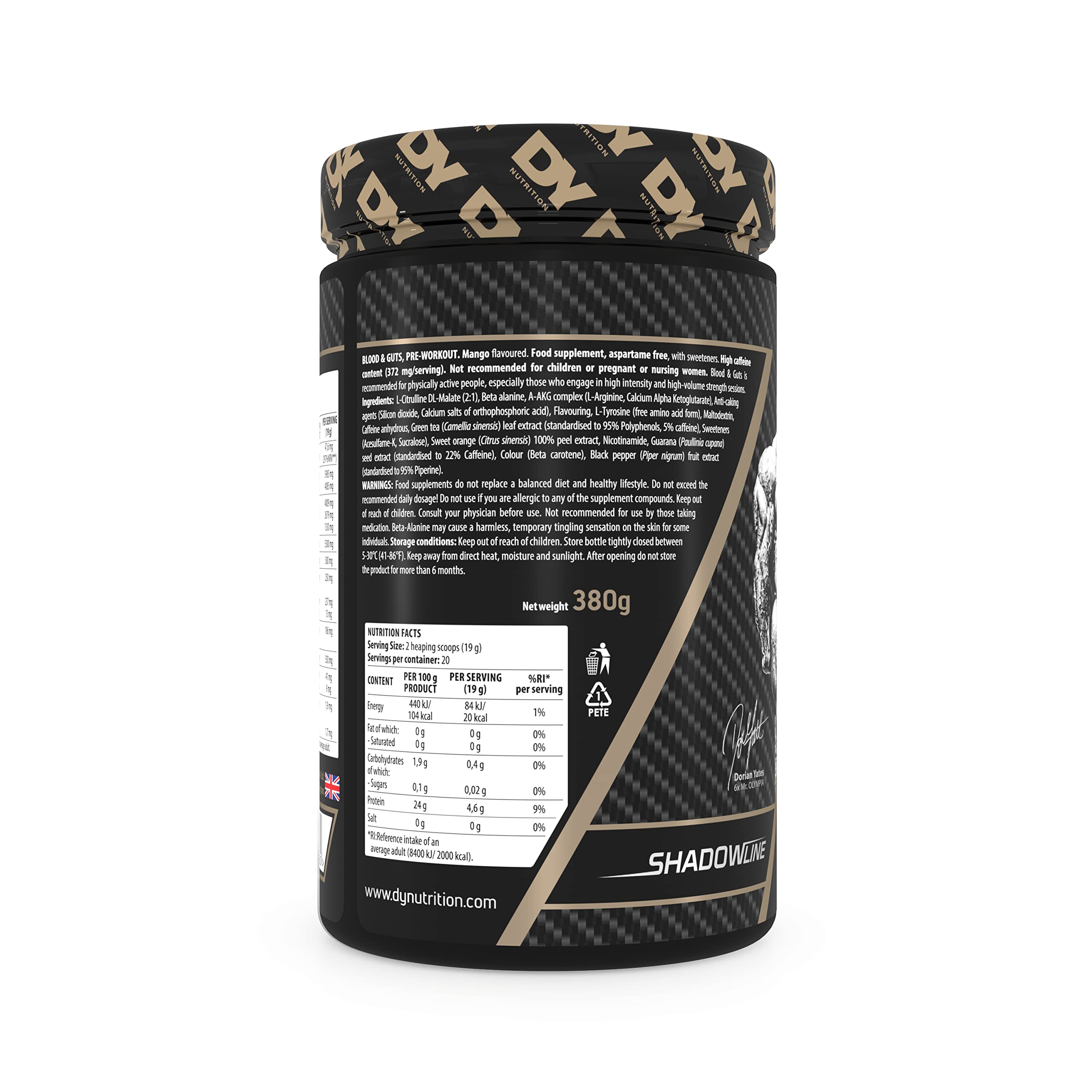 DY Nutrition - Blood and Guts Pre Workout Powder, 380g (Mango) - High Strength Preworkout with 350mg Caffeine, Citrulline Malate, Beta Alanine, Arginine AKG, L-Tyrosine, Vitamin B3 for Men & Women