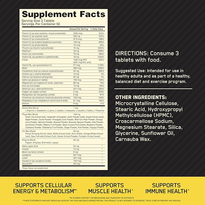 Optimum Nutrition (ON) Opti-Men, Vitamin C, Zinc and Vitamin D, E, B12 for Immune Support Men’s Daily Multivitamin Supplement, 150 Count.