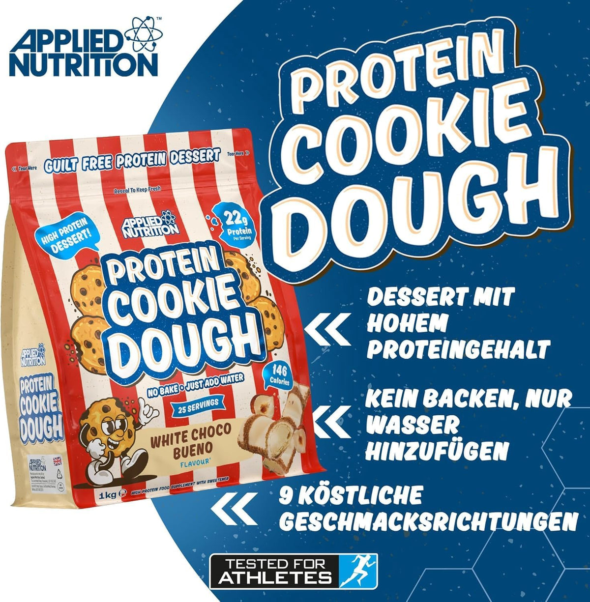 Applied Nutrition Protein Cookie Dough 1kg – High Protein Snack, Over 22g of Protein Per Serving, Ready-to-Eat– Low Calorie, Healthy Treat (1kg – 25 Servings) (White Choco Hazelnut)