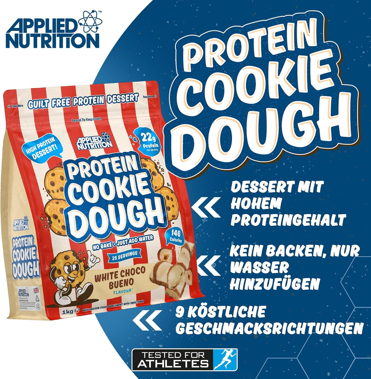 Applied Nutrition Protein Cookie Dough 1kg – High Protein Snack, Over 22g of Protein Per Serving, Ready-to-Eat– Low Calorie, Healthy Treat (1kg – 25 Servings) (White Choco Pistachio)