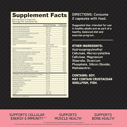Optimum Nutrition (ON) Opti-Women, Vitamin C, Zinc and Vitamin D for Immune Support Womens Daily Multivitamin Supplement with Iron, Capsules, 120 Count