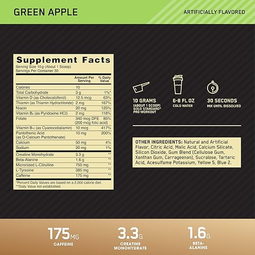 Optimum Nutrition (ON) Gold Standard Pre Workout with Creatine, Beta-Alanine, and Caffeine for Energy, Flavor: Green Apple, 30 Servings