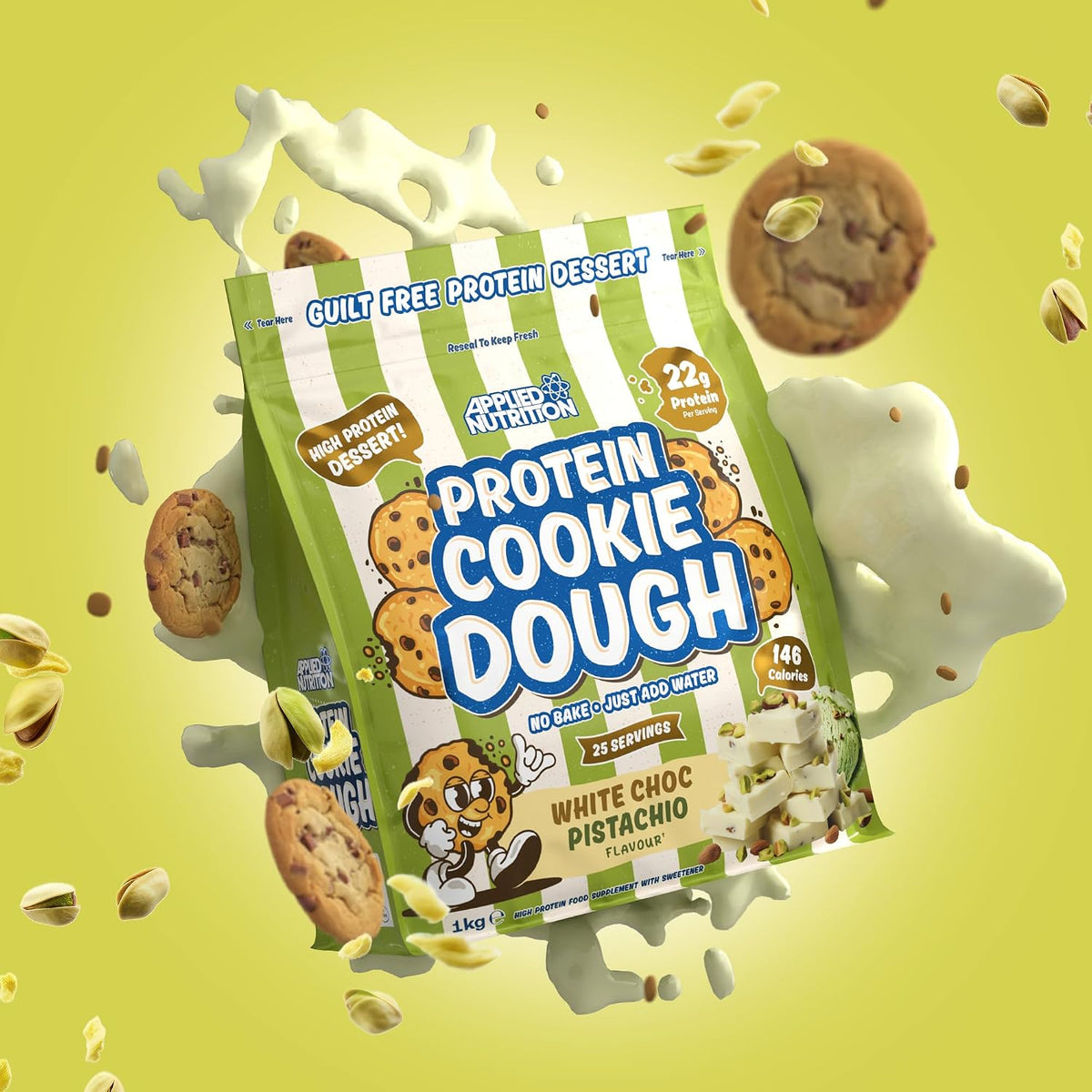 Applied Nutrition Protein Cookie Dough 1kg – High Protein Snack, Over 22g of Protein Per Serving, Ready-to-Eat– Low Calorie, Healthy Treat (1kg – 25 Servings) (White Choco Pistachio)