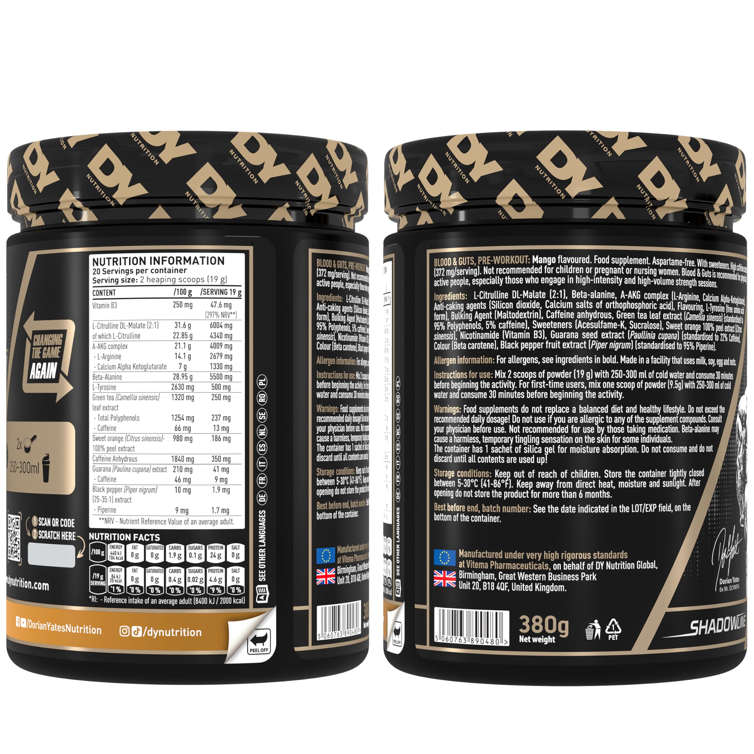 DY Nutrition - Blood and Guts Pre Workout Powder, 380g (Mango) - High Strength Preworkout with 350mg Caffeine, Citrulline Malate, Beta Alanine, Arginine AKG, L-Tyrosine, Vitamin B3 for Men & Women