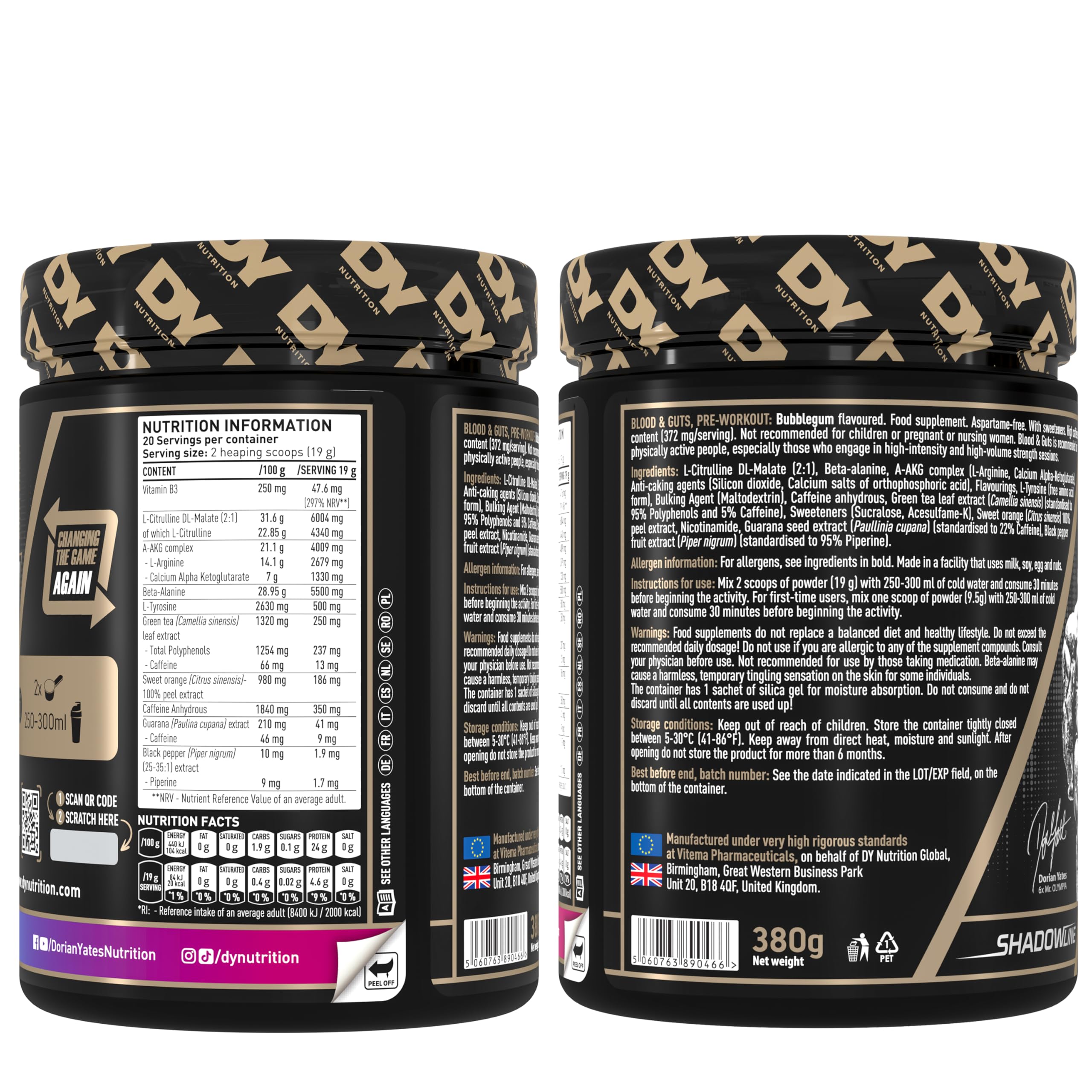 DY Nutrition - Blood and Guts Pre Workout Powder, 380g (Bubblegum) - High Strength Preworkout with 350mg Caffeine, Citrulline Malate, Beta Alanine, Arginine AKG, L-Tyrosine, Vitamin B3 for Men & Women