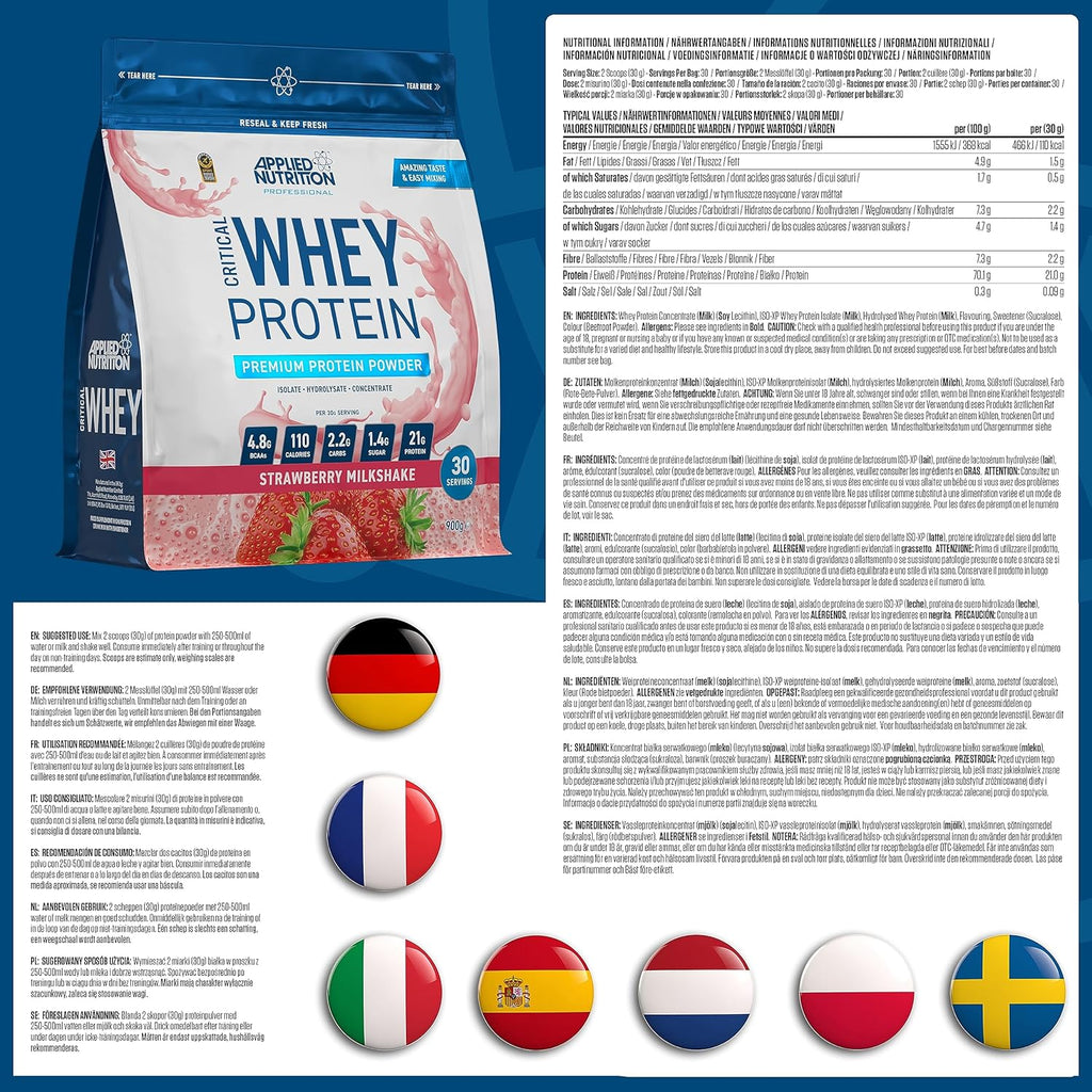 Applied Nutrition Critical Whey Protein Powder 900 g - Whey Protein Powder with High Protein Content - Protein Shake - Supplement with BCAA & Glutamine (30 Shakes) (Strawberry)