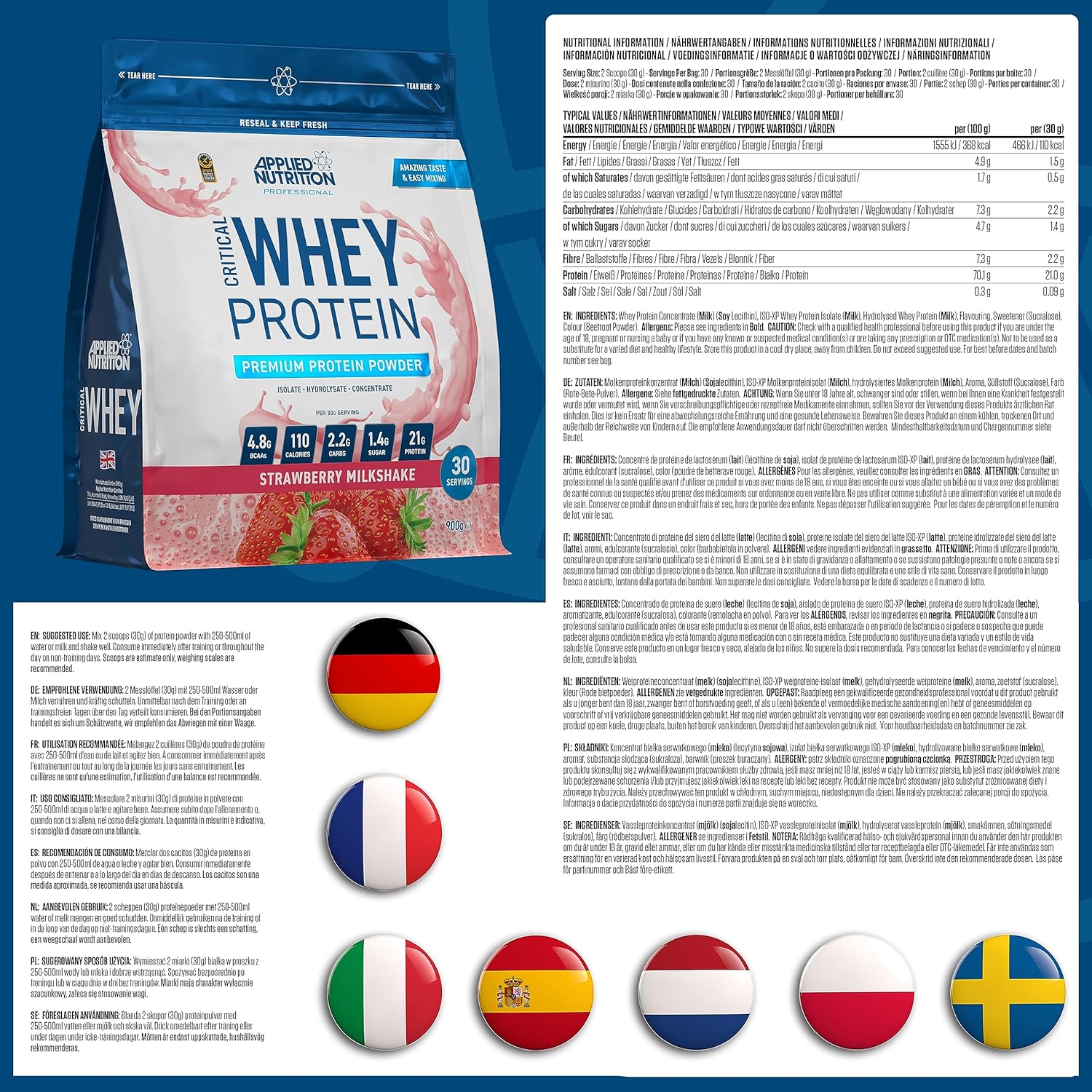 Applied Nutrition Critical Whey Protein Powder 900 g - Whey Protein Powder with High Protein Content - Protein Shake - Supplement with BCAA & Glutamine (30 Shakes) (Strawberry)