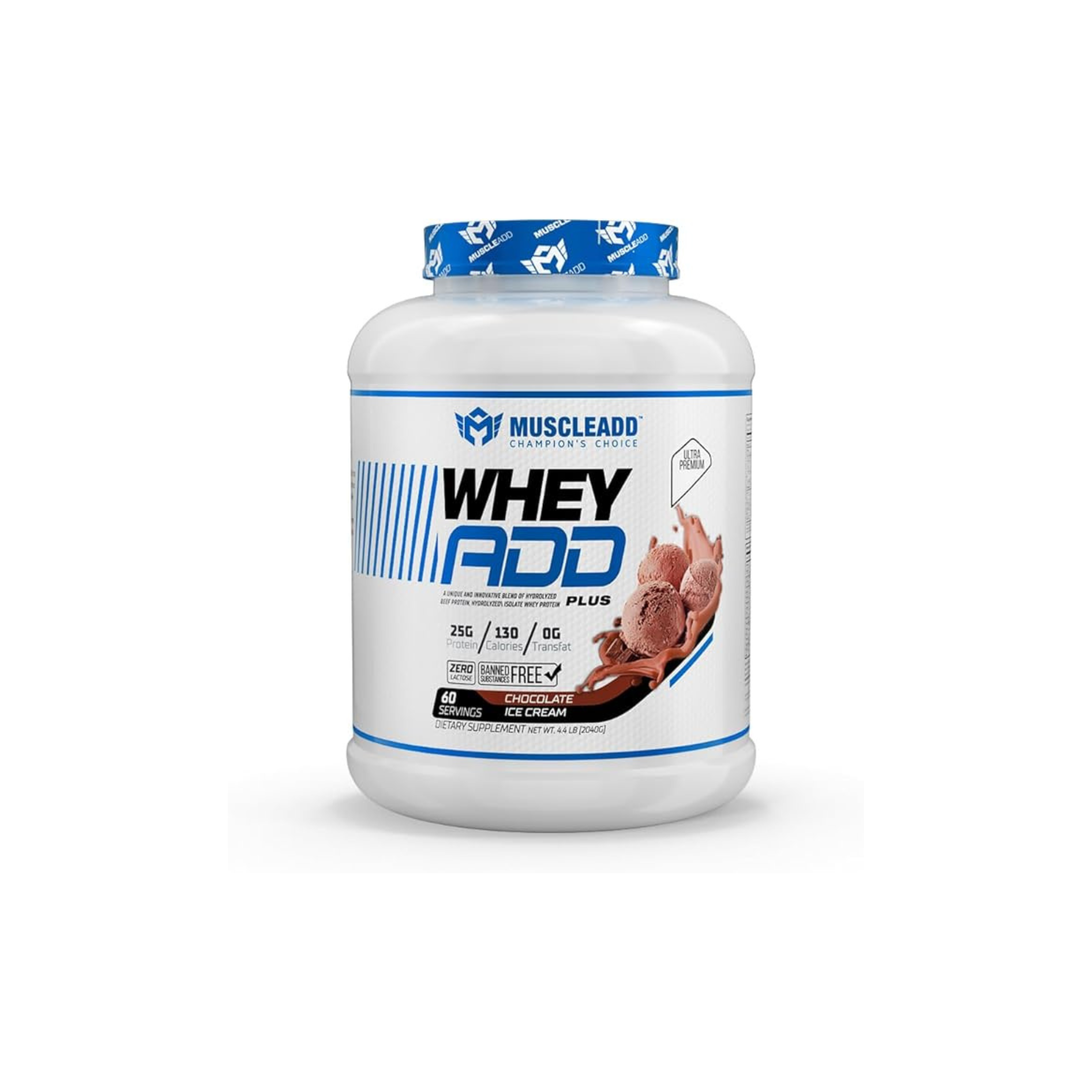 Muscle Add | Whey ADD | 25g Protein | Hydrolyzed | Isolate | Concentrate | 140 calories | Enhanced Formula | Long-lasting Nutrition | BCAA | Glutamine | 60 servings | 2100g | Chocolate Ice-cream