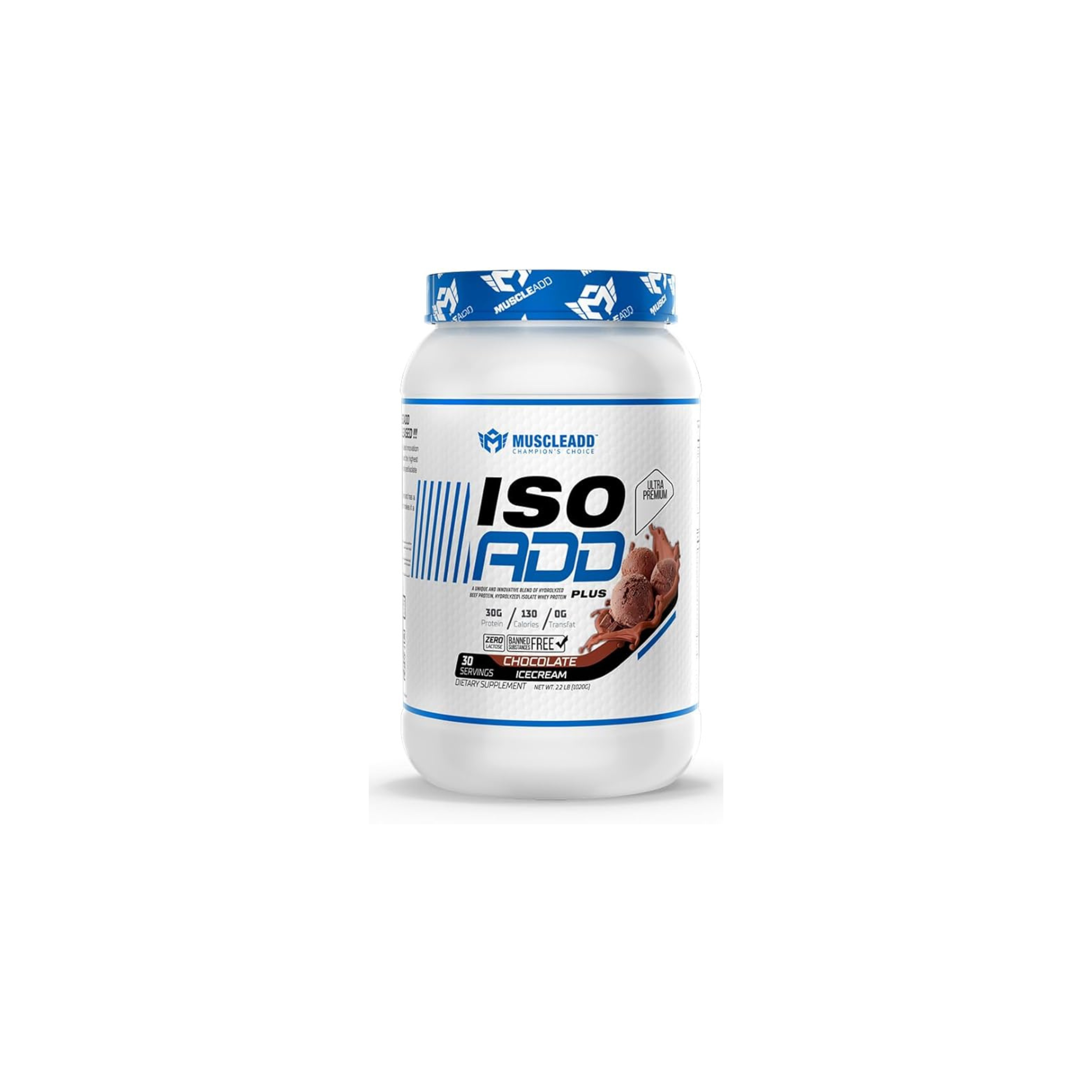 Muscle Add | ISO ADD | Whey Protein | Blend of Hydrolized &amp; Isolate | 30g Protein | 135 Calories | No Added Sugar | Low Fat | Lactose-Free | Glutamine | BCAA | 30 serving | 1080g |&nbsp;