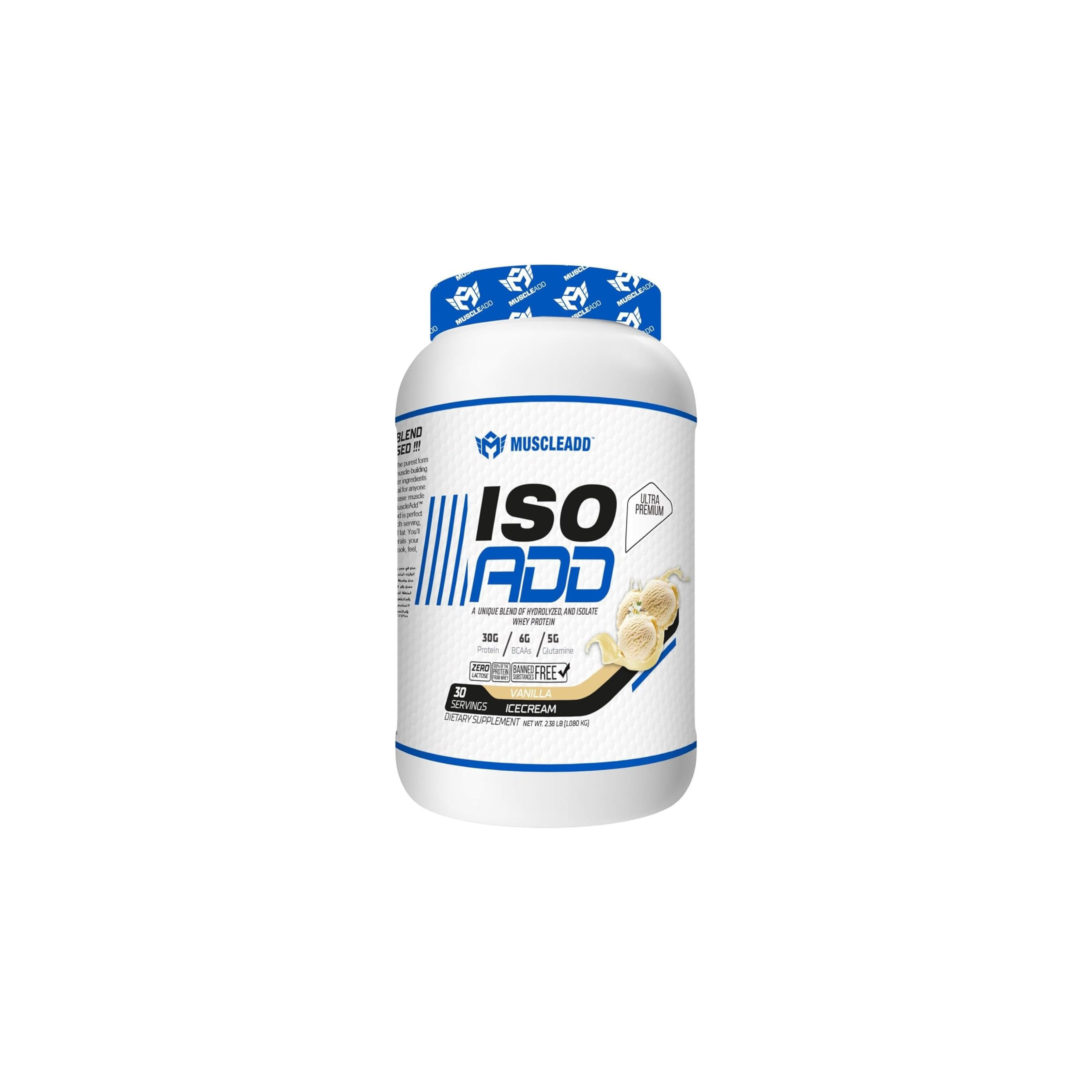 Muscle Add | ISO ADD | Whey Protein | Blend of Hydrolized &amp; Isolate | 30g Protein | 135 Calories | No Added Sugar | Low Fat | Lactose-Free | Glutamine | BCAA | 30 serving | 1080g |&nbsp;