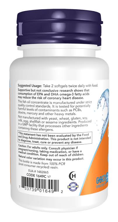 Now Foods Omega-3 Fish Oil, Molecularly Distilled Softgels 100 caps