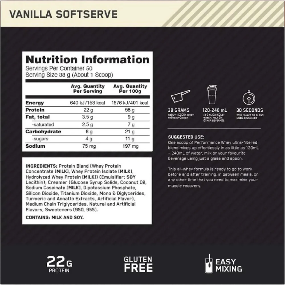 Optimum Nutrition Performance Whey Protein - Vanilla Soft Serve - 1.95kg