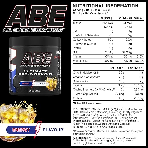 Applied Nutrition ABE Pre Workout - All Black Everything Pre Workout Powder, Energy & Physical Performance with Citrulline, Creatine, Beta Alanine (375g - 30 Servings) - Egypt