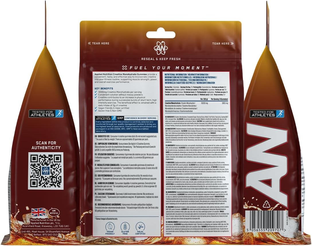 Applied Nutrition Creatine Gummies - 3000mg Creatine Monohydrate per Serving - 80 Chewable Vegan Gummies for Strength, Power & Recovery (20 Servings) - Egypt