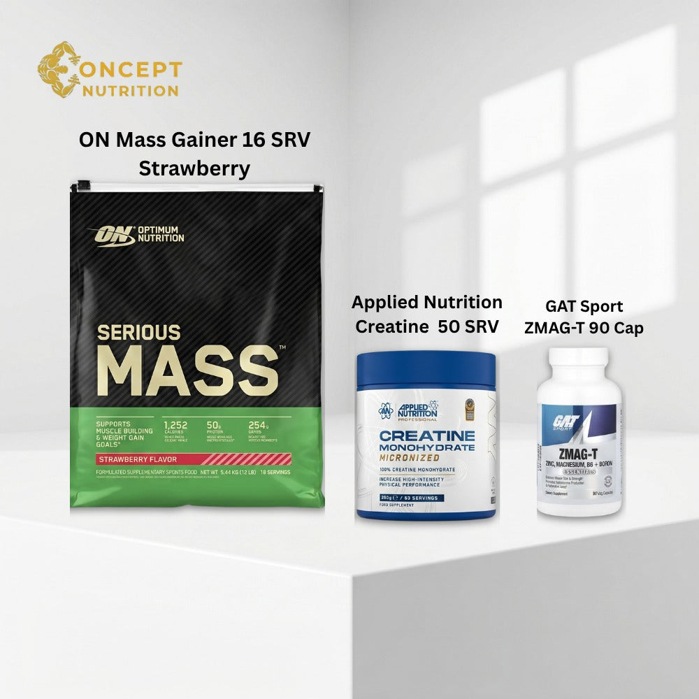 Ultimate Mass Gain & Recovery Bundle - ON Serious Mass Strawberry 12 lbs, Applied Creatine 250g & GAT ZMAG-T 90 Caps