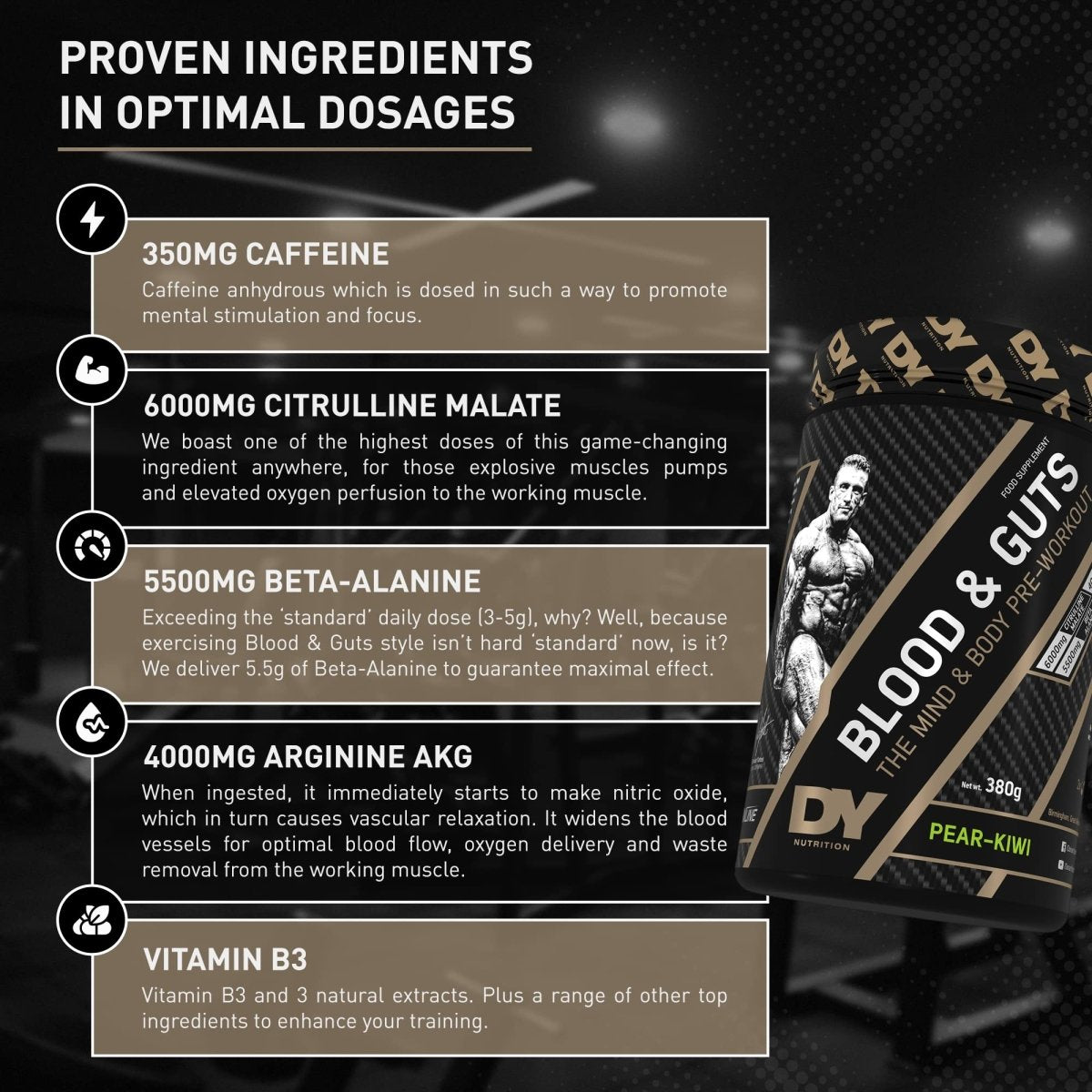 DY Nutrition - Blood and Guts Pre Workout Powder, 380g (Mango) - High Strength Preworkout with 350mg Caffeine, Citrulline Malate, Beta Alanine, Arginine AKG, L-Tyrosine, Vitamin B3 for Men & Women - Egypt