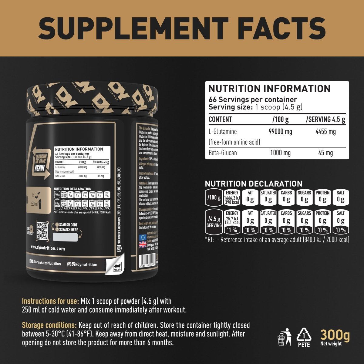 DY Nutrition The Glutamine Powder | 4.5g L-Glutamine & 45mg Beta-Glucan | 66 Servings | Unflavoured | Amino Acid Nutritional Supplement for Strength, Health & Recovery 300g | 2 Month Supply - Egypt