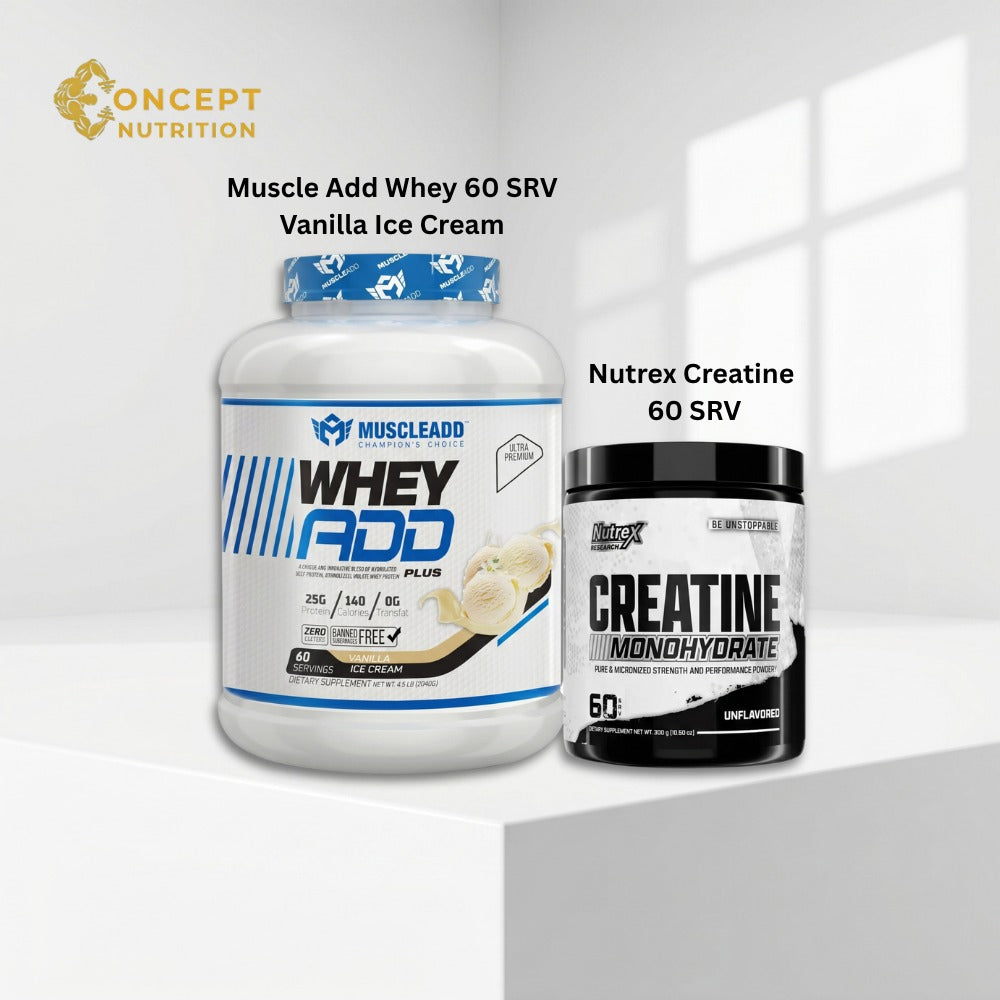 Muscle Building & Strength Stack - Muscle Add Whey Plus Vanilla 2.04kg & Nutrex Creatine Drive 60 Servings