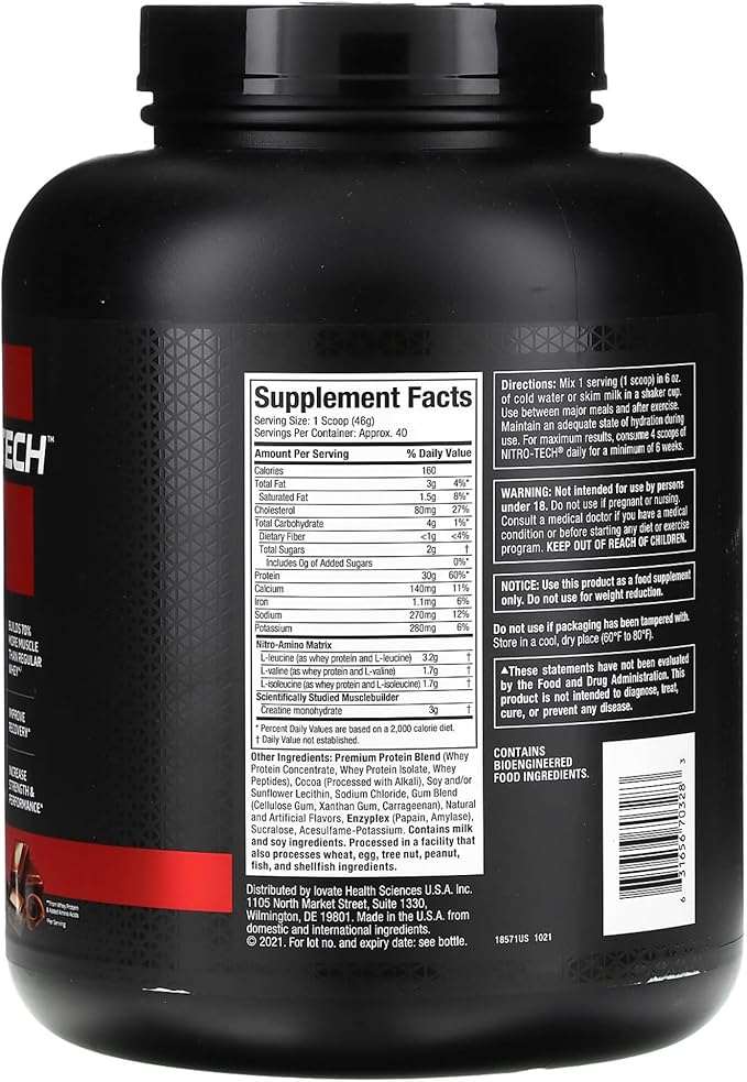 MuscleTech Nitro - Tech Whey Protein Isolate & Peptides – Milk Chocolate, 4 lbs - Egypt
