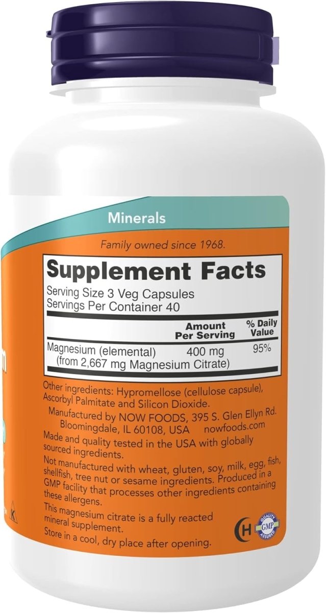 NOW Foods Magnesium Citrate - Nervous System & Enzyme Support - 120 Veg Capsules - Egypt