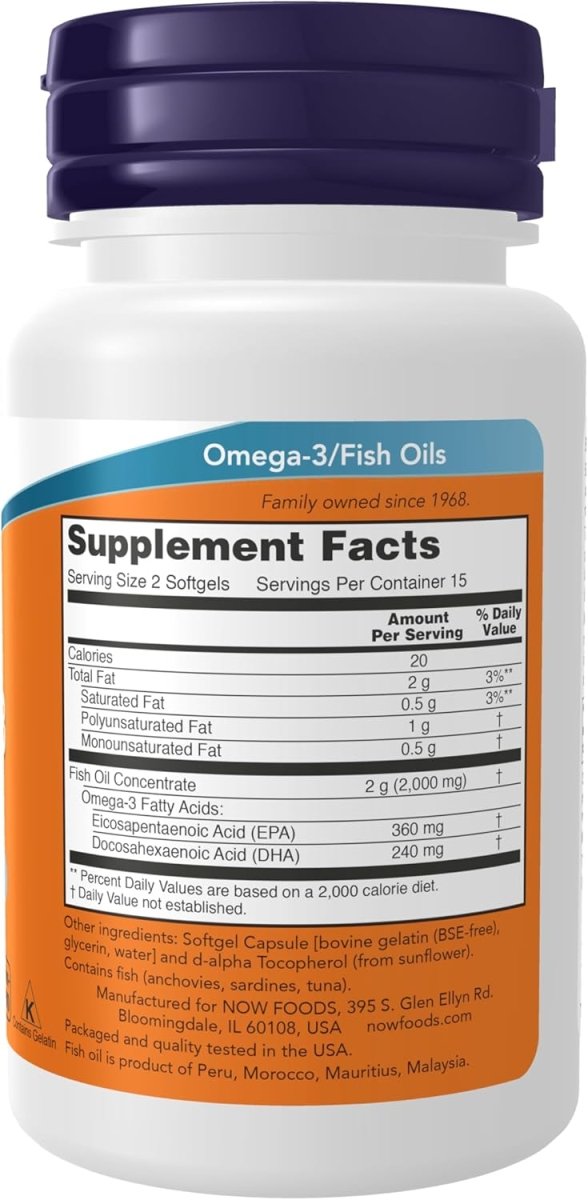 NOW Foods Omega - 3 Fish Oil 1000mg - Heart & Brain Support - 30 Softgels - Egypt