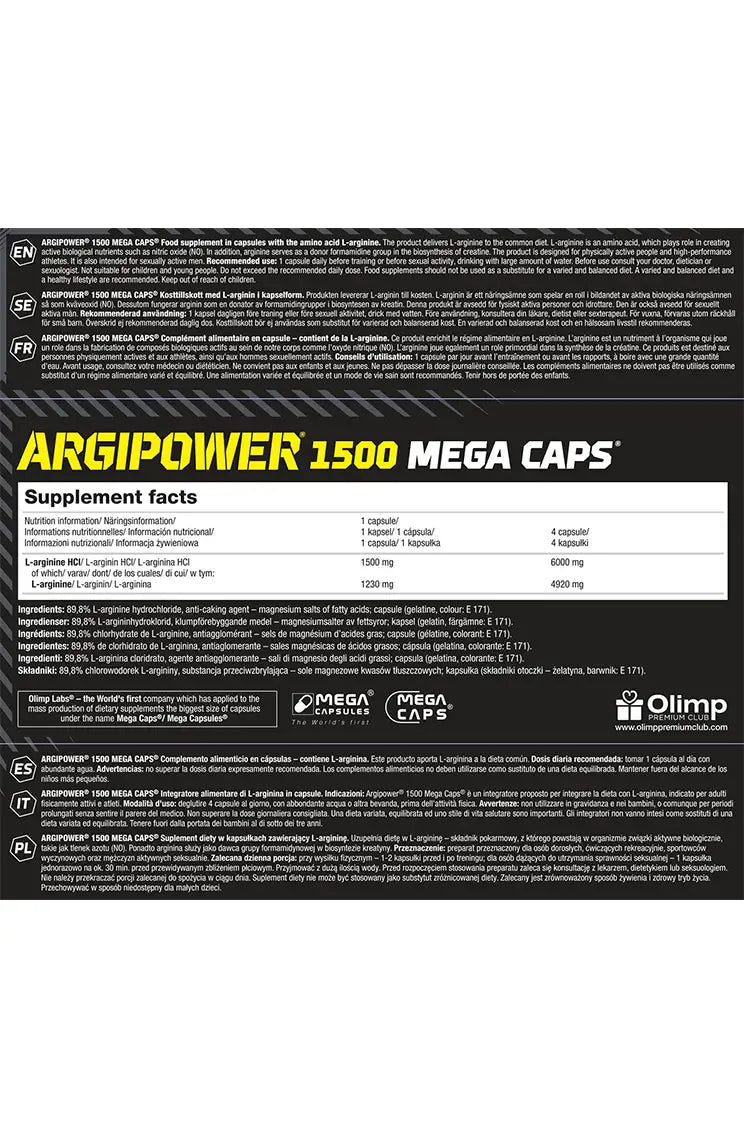 Olimp Argi Power 1500 Mega Caps - L - Arginine HCl - 120 Capsules - Egypt