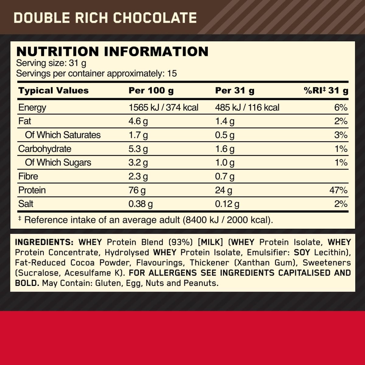 Optimum Nutrition 100% Whey Gs Chocolate Bag, 465 Gr - Egypt