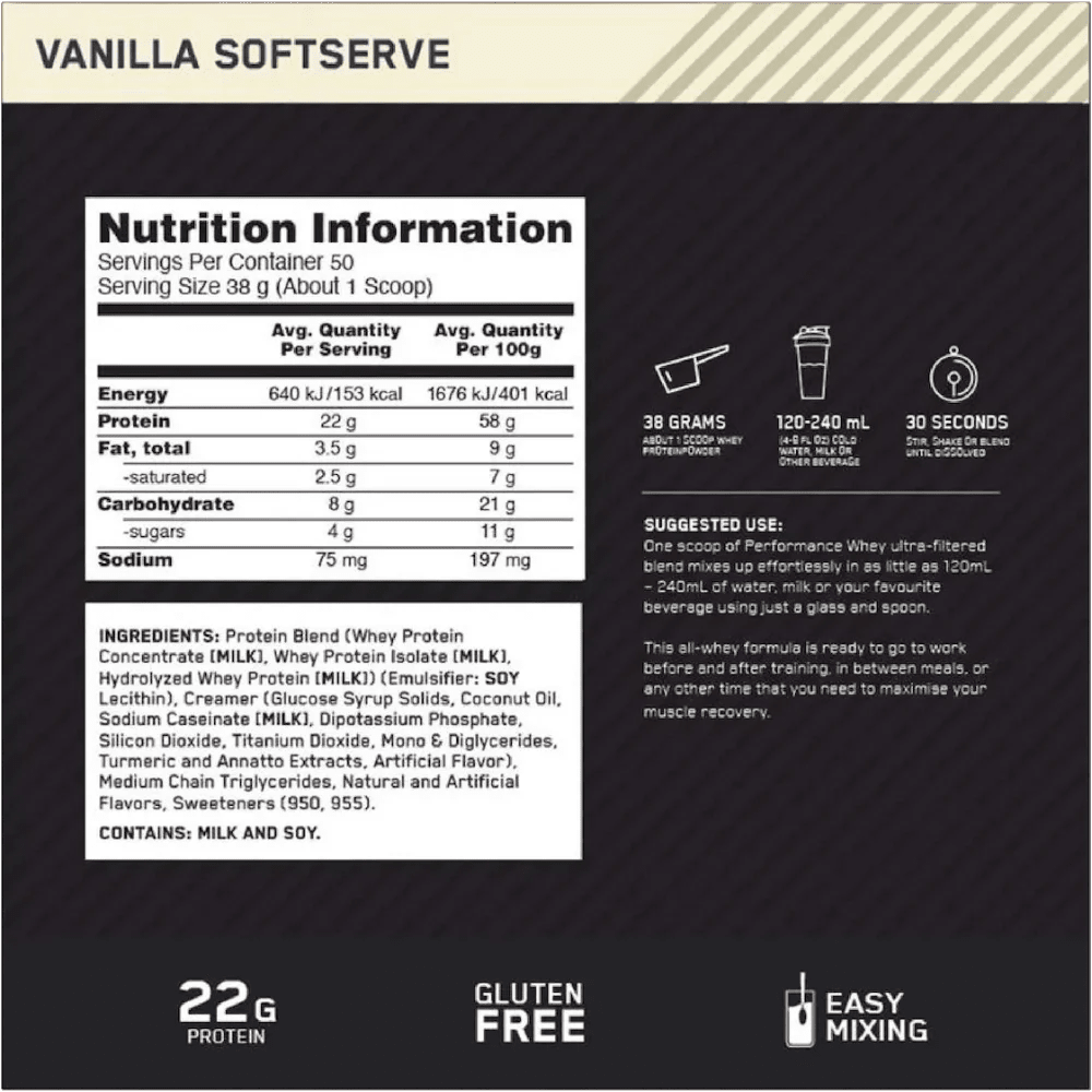 Optimum Nutrition Performance Whey Protein - Vanilla Soft Serve - 1.95kg - Egypt