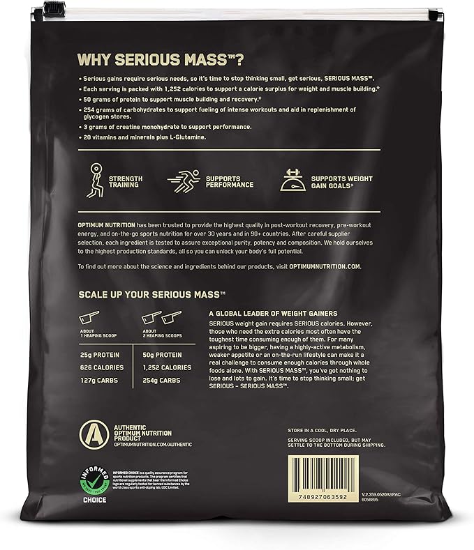 Optimum Nutrition Serious Mass Weight Gainer - Chocolate, 12 lbs - Egypt