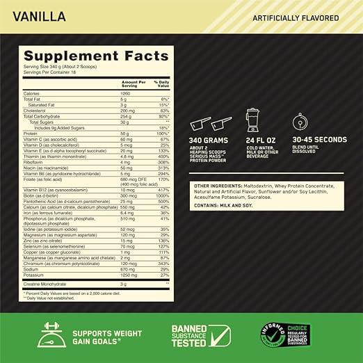 Vanilla protein powder supplement facts label with nutrition info, preparation instructions, and icons for weight gain, banned substance tested, and choice certified.