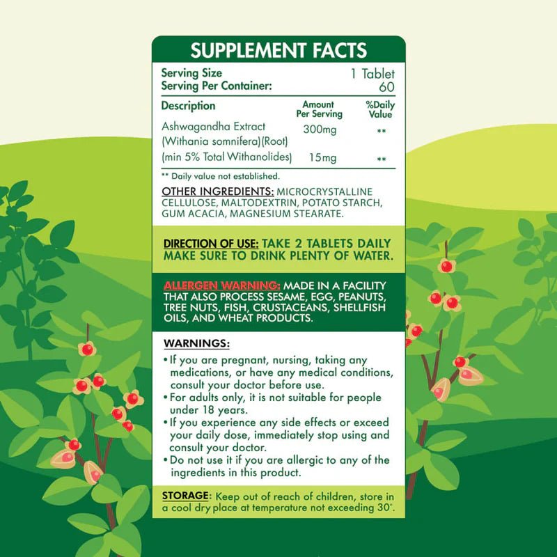 Organic Nation Ashwagandha 600mg - Natural Stress Support, 60 Tablets - Egypt