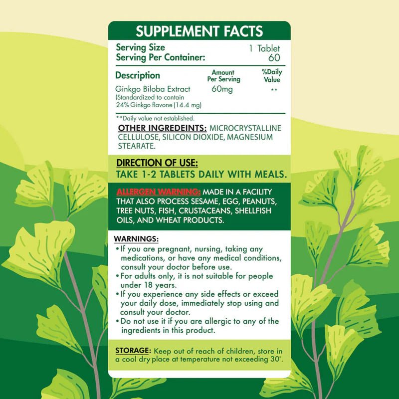 Organic Nation Ginkgo Biloba 60mg - Brain Support - 60 Tablets - Egypt