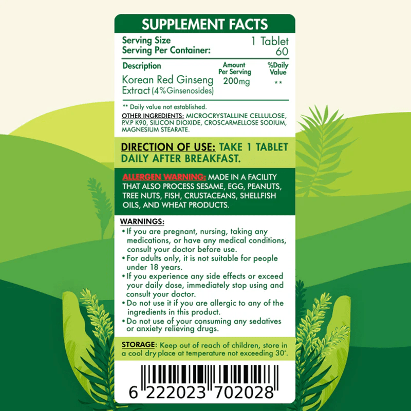 Organic Nation Red Korean Ginseng - Vitality & Energy Support - 60 Tablets - Egypt