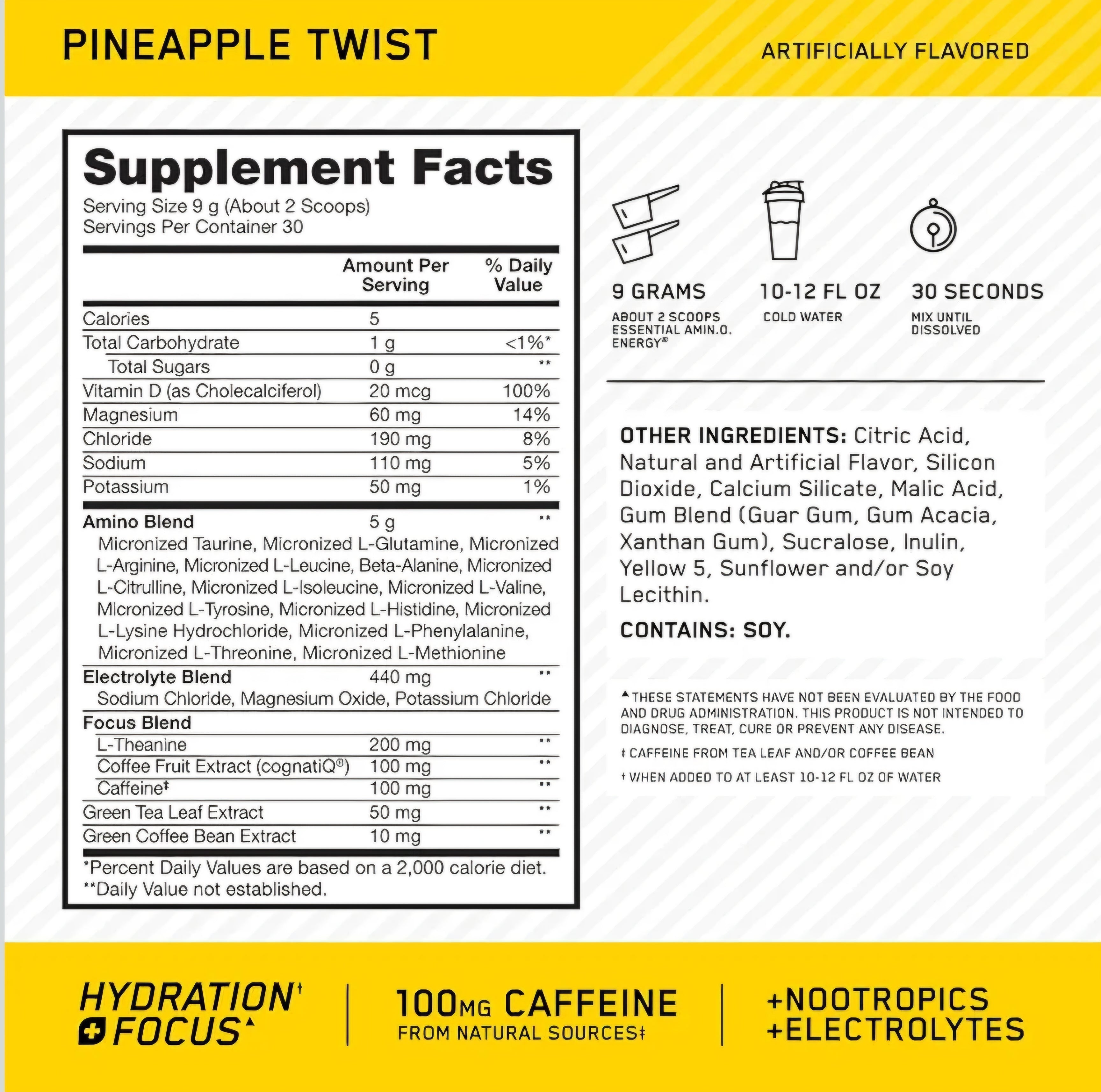 Optimum Nutrition (ON) Amino Energy Powder Plus Hydration، مع الأحماض الأمينية متفرعة السلسلة، والكهارل، والكافيين، بنكهة الأناناس، 30 حصة