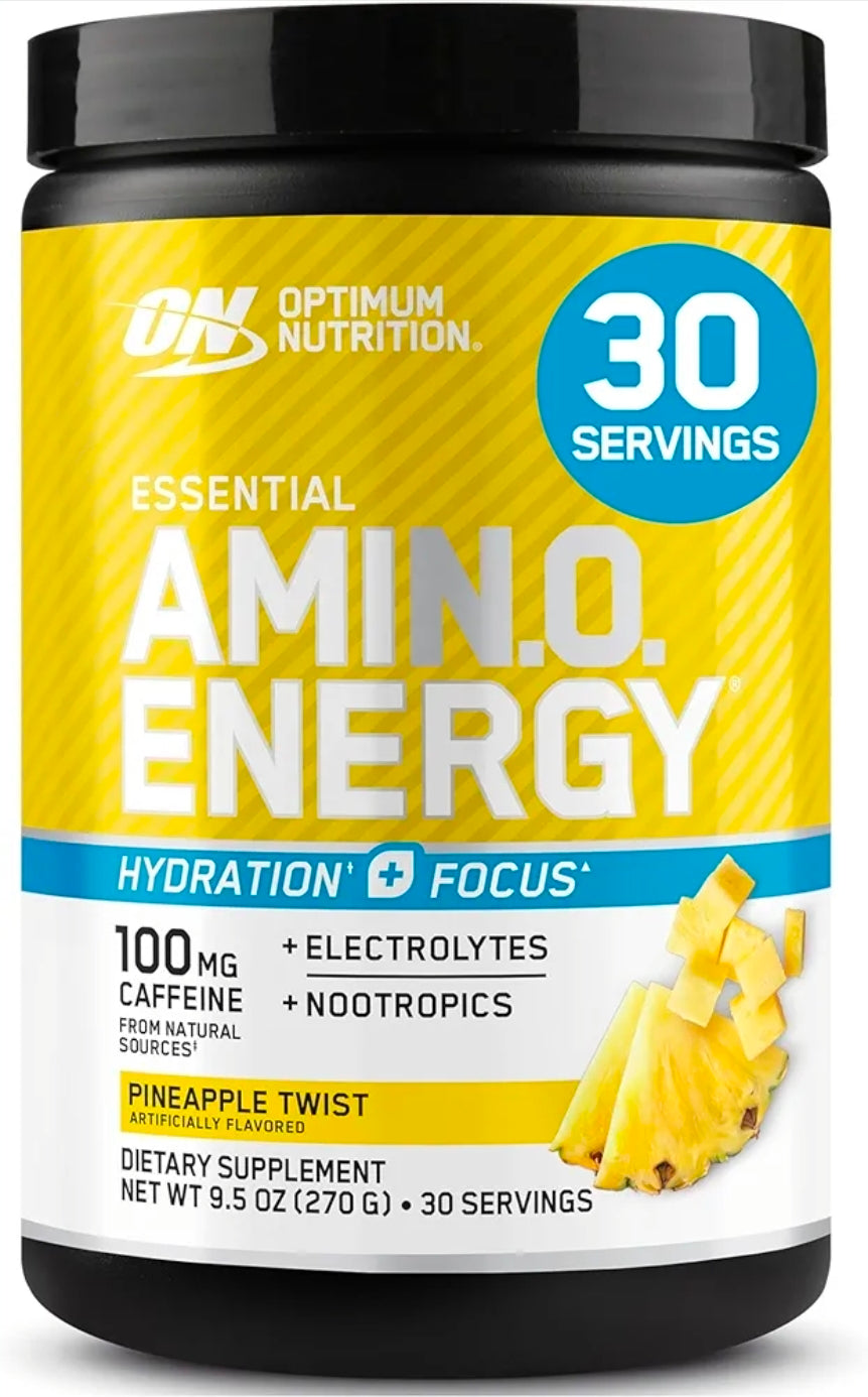 Optimum Nutrition (ON) Amino Energy Powder Plus Hydration، مع الأحماض الأمينية متفرعة السلسلة، والكهارل، والكافيين، بنكهة الأناناس، 30 حصة
