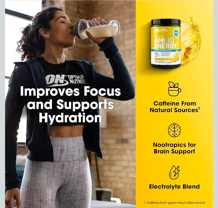 Optimum Nutrition (ON) Amino Energy Powder Plus Hydration، مع الأحماض الأمينية متفرعة السلسلة، والكهارل، والكافيين، بنكهة الأناناس، 30 حصة
