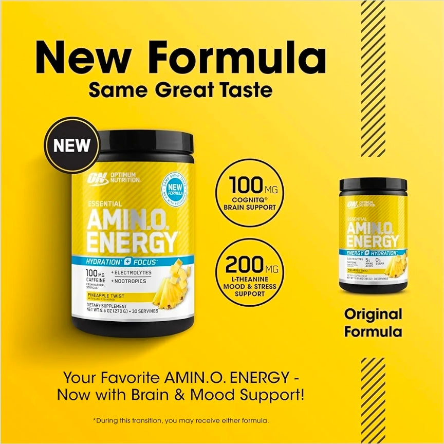 Optimum Nutrition (ON) Amino Energy Powder Plus Hydration، مع الأحماض الأمينية متفرعة السلسلة، والكهارل، والكافيين، بنكهة الأناناس، 30 حصة