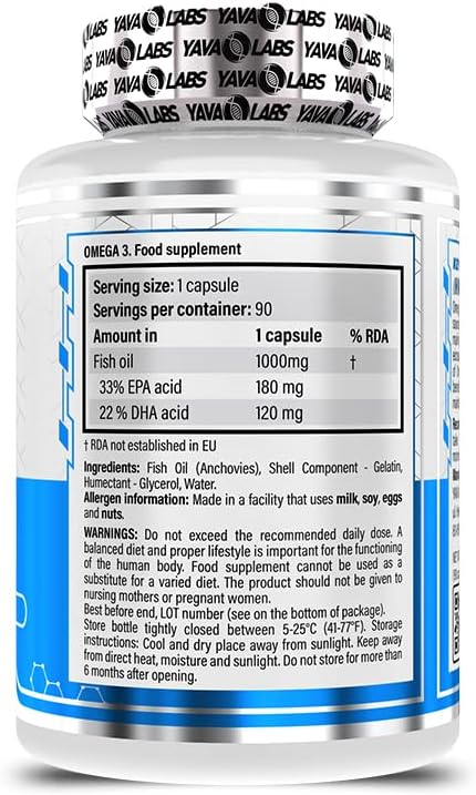 Yava Labs Omega 3 Fish Oil 1000mg - Heart & Brain Support - 90 Softgels - Egypt